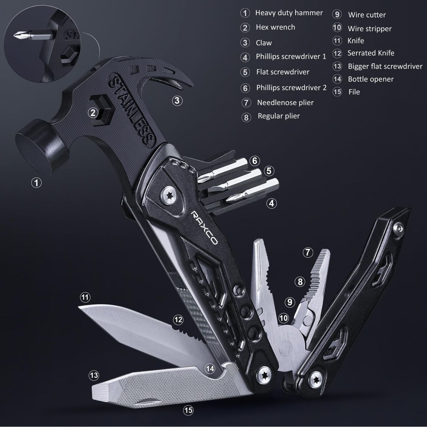 15-in-1 Multifunction Claw Hammer & Tool Set